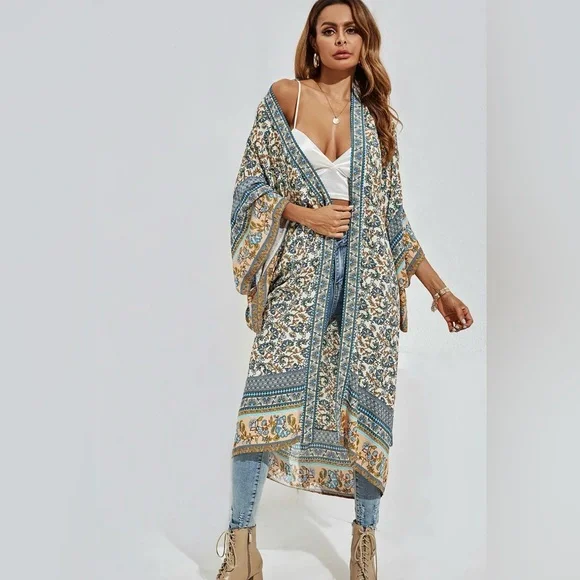 WORLD MARKET Floral Kimono with Blue and Tan Accents - Picture 10 of 17